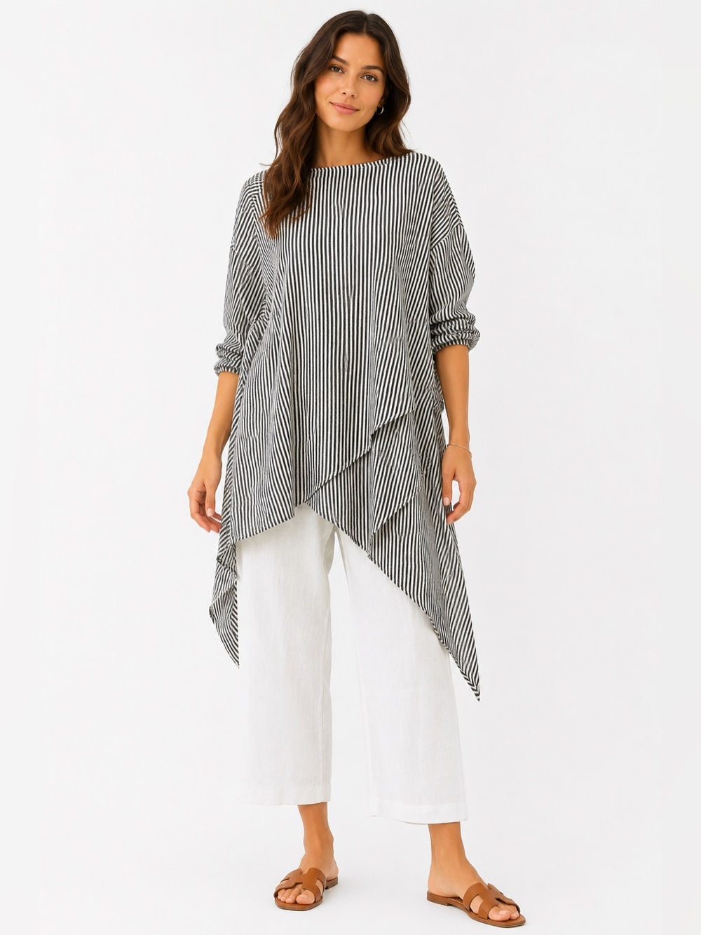 Black and White Striped Women’s Tunic with Asymmetrical Hem